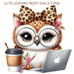Clip Art gufo, Clipart fiocco stampa leopardata, PNG gufo carino, maglietta per bambini della scuola dell'insegnante, tazza tumbler per sublimazione, pianificatore, diario spazzatura, creazione di biglietti