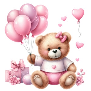 Roze teddybeer ballonnen PNG, teddybeer clipart, beer babyshower, verjaardag beer ballonnen, meisje van de baby, instant digitale download