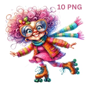 Paquete de 10 divertidas imágenes prediseñadas de ancianas patinando, imágenes PNG de acuarela de abuelas deportistas, descarga digital de alta calidad para manualidades de papel y creación de tarjetas.