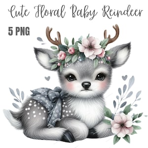 Niedliches Baby Rentier Blumenmuster, Herbst Clipart, Digitaler Planer, Aquarell, Kartenherstellung, Journaling, digitaler Download