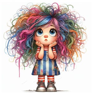 Quirky Girl Clipart Bundle, 10 Whimsical Watercolor Doll Illustrations,Cute Fantasy Ephemera JPGs, Instant Digital Download for Junk Journal
