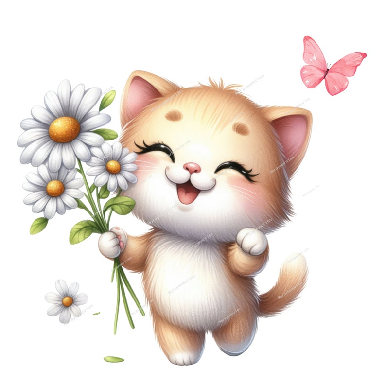 May include: A cute cartoon cat with orange fur and pink ears is holding a bouquet of white daisies. The cat is smiling and has its eyes closed. A pink butterfly is flying in the upper right corner of the image.