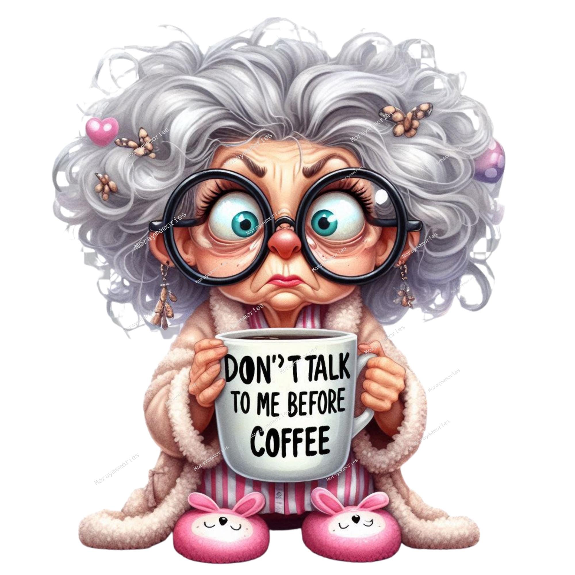 Cozy Coffee Lady Clipart | Funny Older Woman PNG | Cute Granny Coffee ...