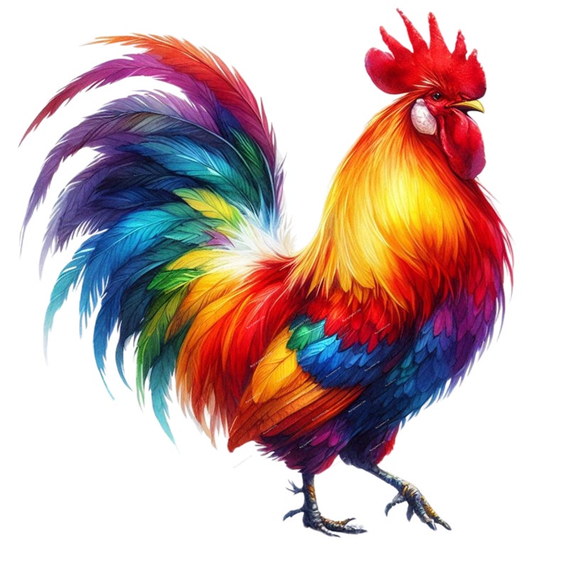 Gallo en acuarela PNG, imágenes prediseñadas de animales de granja coloridos, ilustración de pollo, diseño para sublimación, arte imprimible, transparente, uso comercial. imagen 2