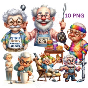 以下が含まれることがあります： さまざまなユーモラスな状況にいる高齢男性を描いた漫画のイラストのコレクション。ある人物は「Retired: Under New Management, See Wife」と書かれたシャツを着ています。別の人物は「License to Grill」のエプロンをしています。画像はカラフルで遊び心があります。