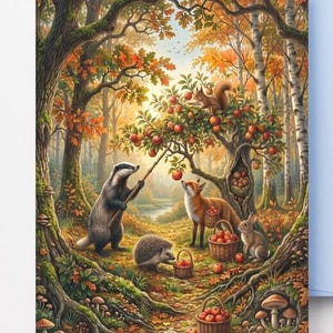 May include: A detailed illustration of a forest scene in autumn featuring a badger using a stick to harvest red apples from a tree, while a fox, a hedgehog, a squirrel, and a rabbit gather the fruit into woven baskets amidst fallen leaves.