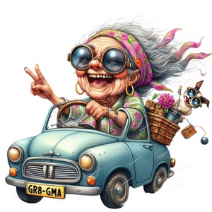 May include: A whimsical illustration of a smiling elderly person driving a light blue vintage car. The person wears large sunglasses, a floral headscarf, and a floral print shirt. A small dog with sunglasses rides in a basket in the back. The license plate reads "GR8-GMA".