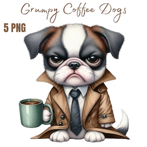 Watercolor Grumpy Coffee Dog Clipart,  PNG Grumpy animal Clipart, Dog PNG, Funny Grumpy Animals Clipart, Commercial Use
