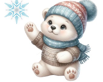 May include: A white polar bear wearing a blue and red knitted hat and scarf. The bear is sitting and has its paw raised, looking up at a blue snowflake.