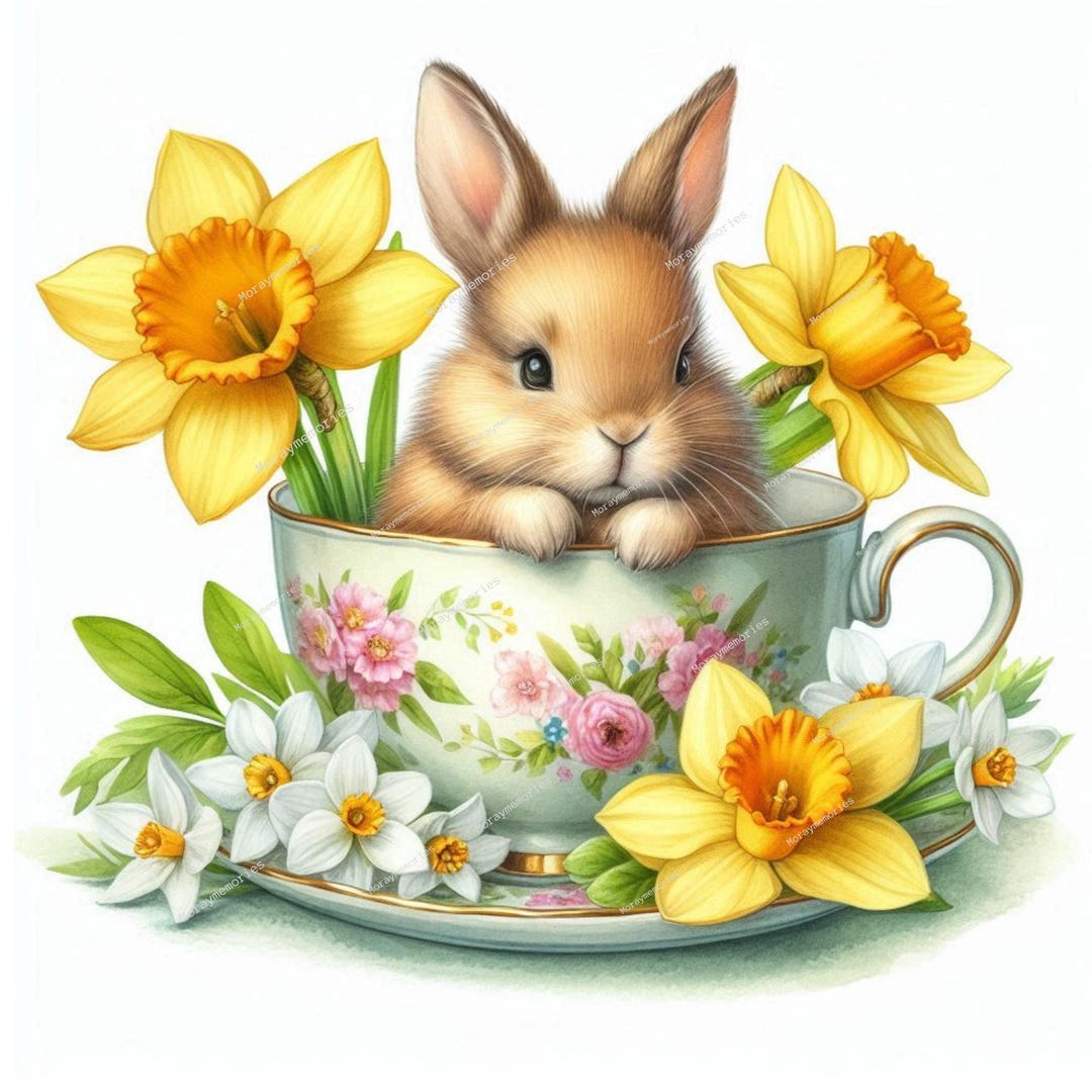 10 Cute Bunny in Tea Cup Clipart, Spring Flowers,high Quality Jpgs ...