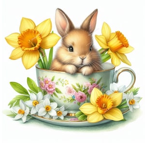 10 simpatici coniglietti in tazze da tè Clipart, fiori primaverili, JPG di alta qualità, clipart acquerello stampabili, download digitale, artigianato di carta, diario