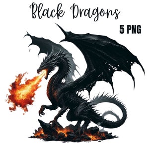 Majestic Black Dragon Clipart, Fiery Majestic Dragon Clipart Bundle, High-Quality PNGs, Fantasy Art,  Printable clipart