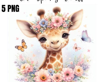 Akvarell söt giraff clipart paket, baby giraff PNG, blommig giraff clipart, djungeldjur, safari barnrumsdekor, babyshower PNG