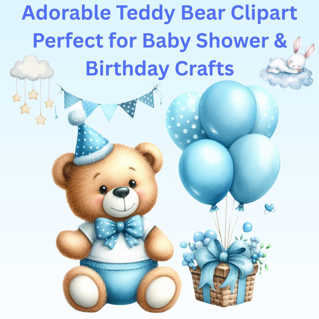 Teddy Bear With Blue Balloons PNG | Cute Baby Boy Clipart | Baby Shower ...