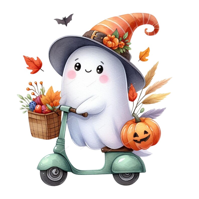 Op de afbeelding: Een schattig cartoon-spookje dat een heksenhoed draagt en op een groene scooter rijdt. Het spookje houdt een mand met herfstbladeren en een pompoen vast.