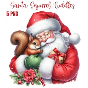 Clipart Père Noël câlin écureuil, PNG de haute qualité, livre de souvenirs, journaux indésirables, albums de coupures, agendas numériques, usage commercial, sublimation