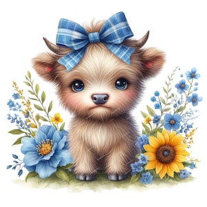 Schattige babyjongen Highland Cow PNG met blauwe strik en bloemen, sublimatieontwerpen, digitale download, vest, t-shirt, draagtas mokken, commercieel gebruik