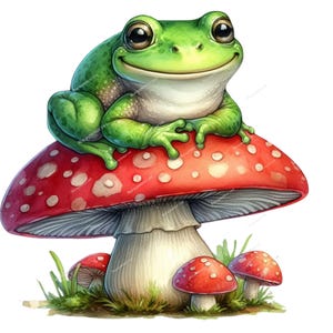 May include: A cheerful green frog with large eyes sits atop a red mushroom with white spots. The mushroom is part of a whimsical illustration, with smaller mushrooms and grass at the base. The frog has a friendly expression.