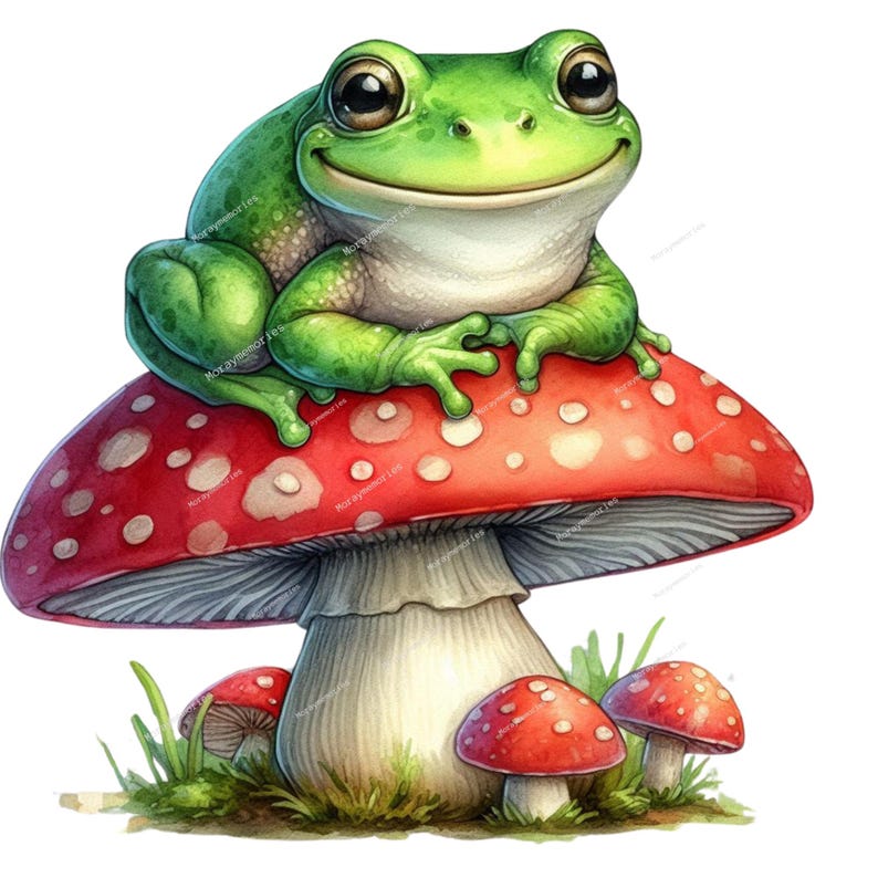 May include: A cheerful green frog with large eyes sits atop a red mushroom with white spots. The mushroom is part of a whimsical illustration, with smaller mushrooms and grass at the base. The frog has a friendly expression.