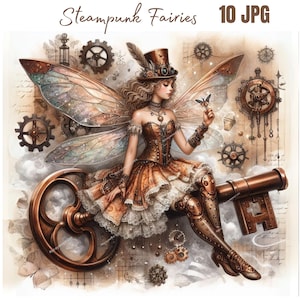 Steampunk Fairy Watercolor Clipart – 10 High-Resolution JPGs | Whimsical Fantasy Art for Junk Journaling, Card Making, Digital Download