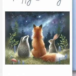 Fuchs Geburtstagskarte, Geburtstagskarte mit Dachs bei Nacht, DIGITAL Download, Geburtstagskarte für Mama, Papa, Frau, Mann, Schwester, Tante, Nana
