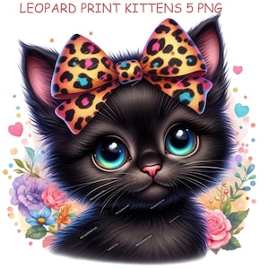 Clip art di gattini, clipart di fiocchi con stampa leopardata, PNG di gatti carini, maglietta scolastica per bambini e insegnanti, tazza tumbler per sublimazione, pianificatore, diario di scarto, creazione di biglietti