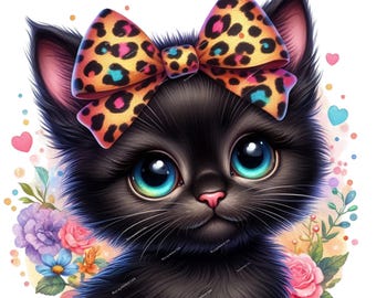 Kitten Clip Art, Leopard Print Bow Clipart,PNG Cute cat,Teacher Kids School Shirt, Sublimation Mug Tumbler,Planner, Junk Journal,Card Making