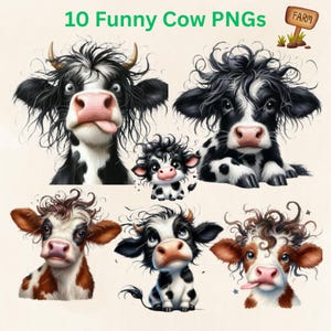 Funny Cow Clipart PNG Bundle | Cute Cow Illustration Graphics | Comical Heifer Farm Animal Art | Shirt Design, Cards, Crafts & DIY Projects