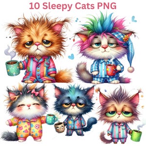 Quirky Sleepy Cat Clipart Bundle – 10 High-Resolution Watercolor PNGs | Digital Download for Junk Journaling, Scrapbooking & Card Making