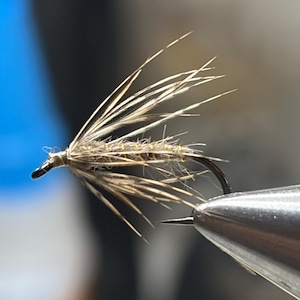 May include: A fishing fly lure featuring a dark metal hook, a textured tan and brown body, and long, thin, light brown hackle fibers extending outward. The fly is securely held in place by a silver metal vise, showcasing intricate fly tying details.