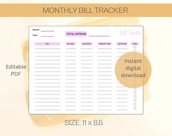 Monthly Bill Tracker | Editable Bill Tracker | Printable Bill Tracker | 11 x 8.5
