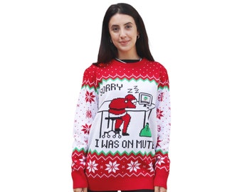May include: Red and white Christmas sweater with a pixelated Santa Claus sleeping at a computer with the text "Sorry I was on mute".