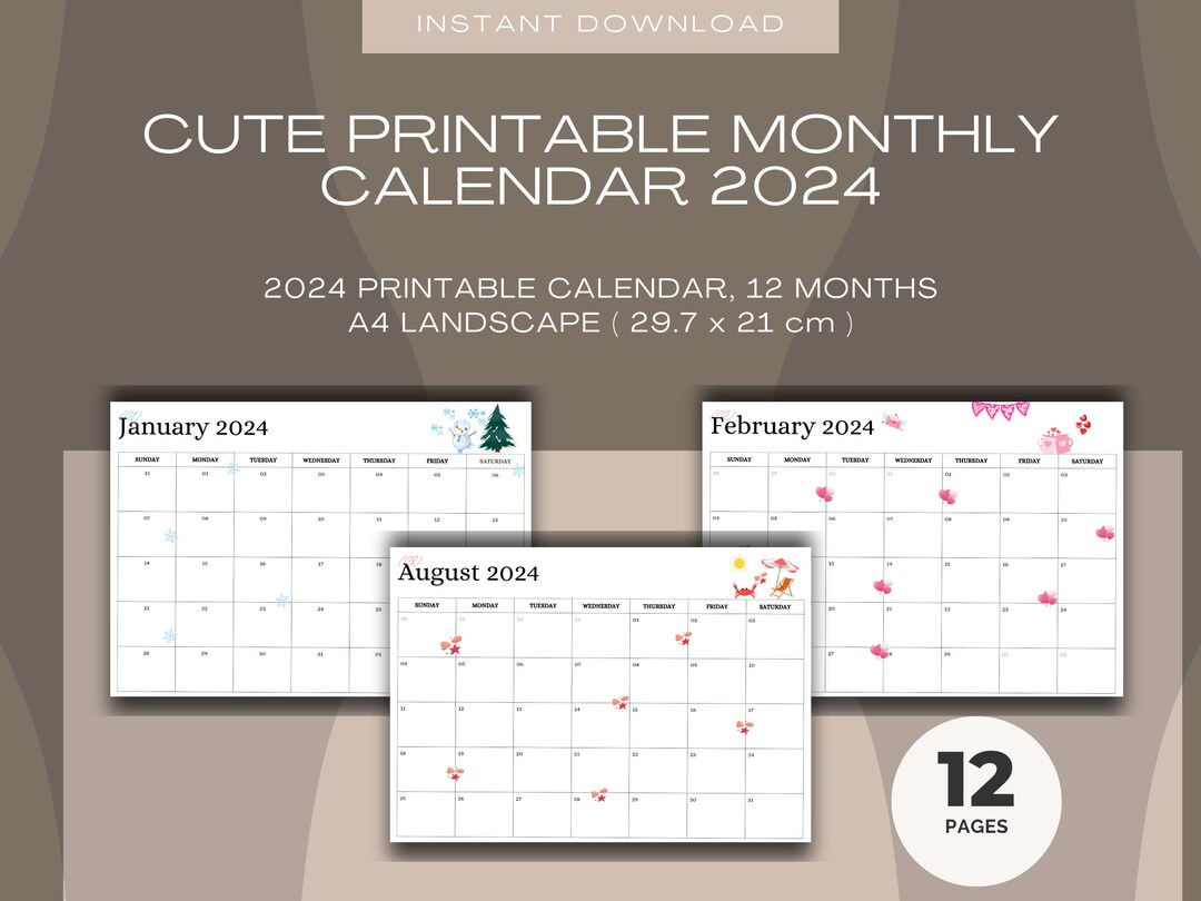 Cute 2024 Calendar, Printable A4 Landscape Monthly Planner for Easy