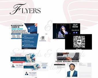 May include: A collection of flyers for different businesses. The flyers feature a variety of designs and colours, including a blue and white flyer for a credit repair service, a black and white flyer for a real estate agent, and a black and white flyer for a music artist. The flyers also include QR codes and contact information.