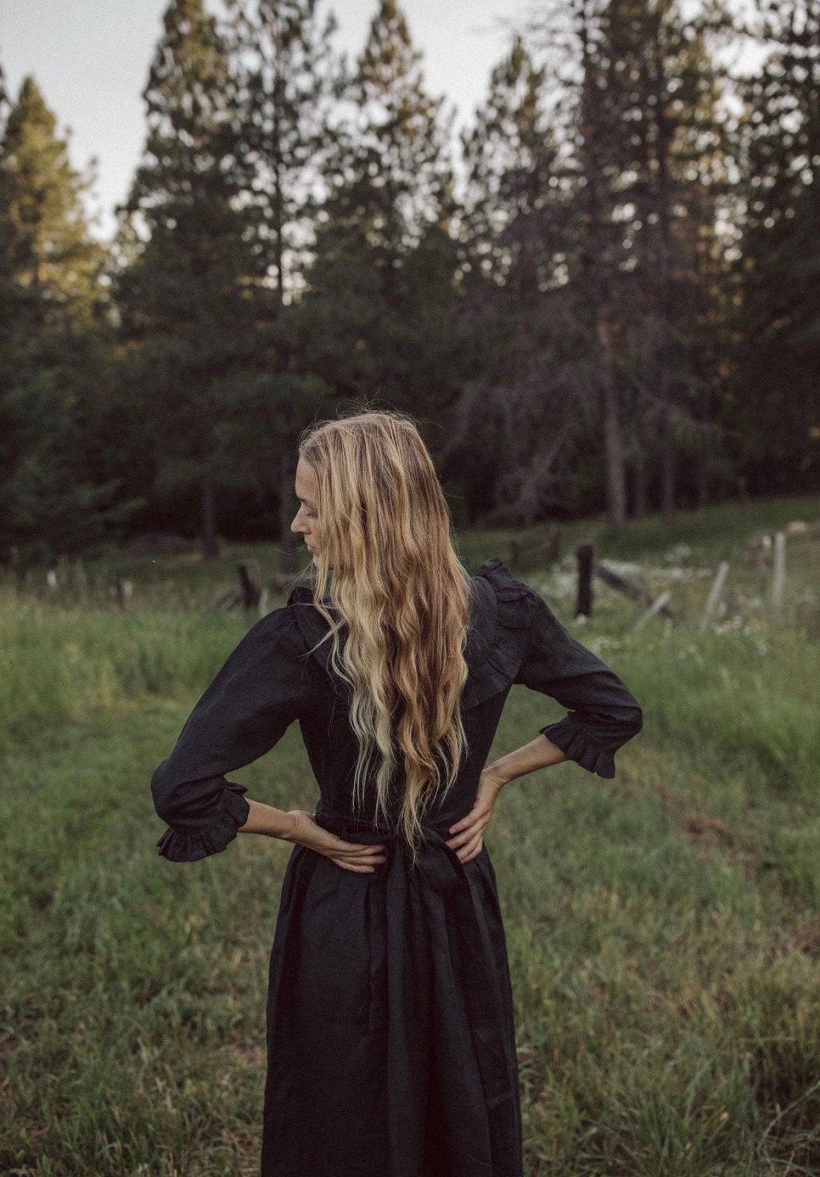 Hattie Dress in Ebony-black Linen Ruffle Prairie Dress - Etsy