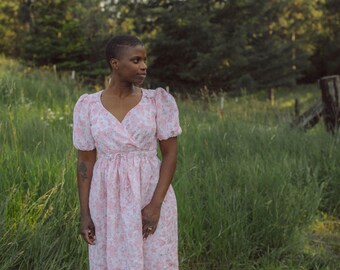 Adelaide Dress in Garden Rose Toile-Linen Puffed Sleeve Wrap Dress