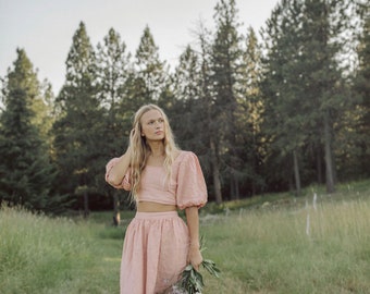 Ella Set in Clay Linen-Pink Linen Two Piece Skirt and Blouse Set