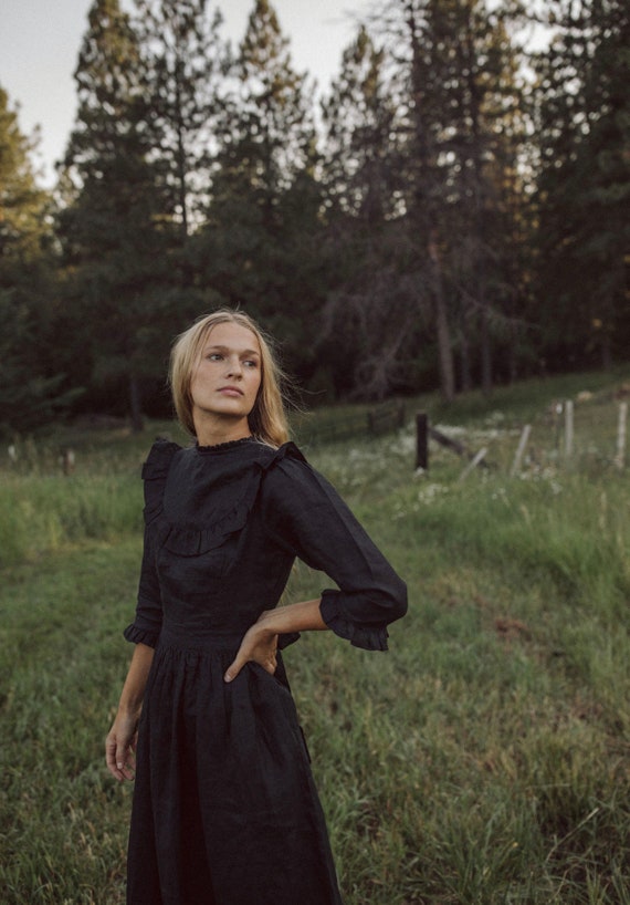 black prairie dress Hattie Dress in Ebony-Black Linen Ruffle Prairie Dress