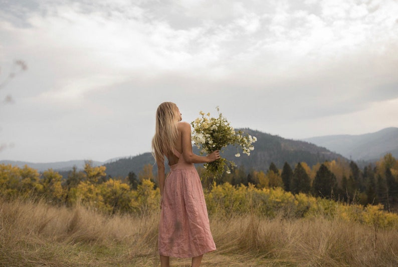 Judith Dress in Clay-Pink Linen Crossback Pinafore Dress image 1