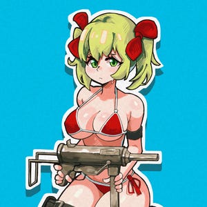 May include: A sticker illustration of a character with light green hair and red bows, wearing a red bikini and black leg straps, kneeling while holding a brown submachine gun. The character has green eyes and is depicted in an anime art style.