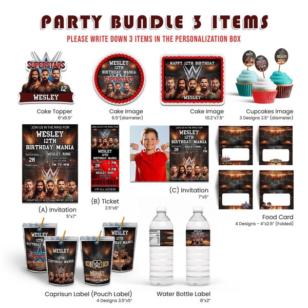 Printable Wrestler Party Bundle (3 Items) | Wrestling Birthday Party Pack | Edit Yourself | Template Corjl Instant Download WM01