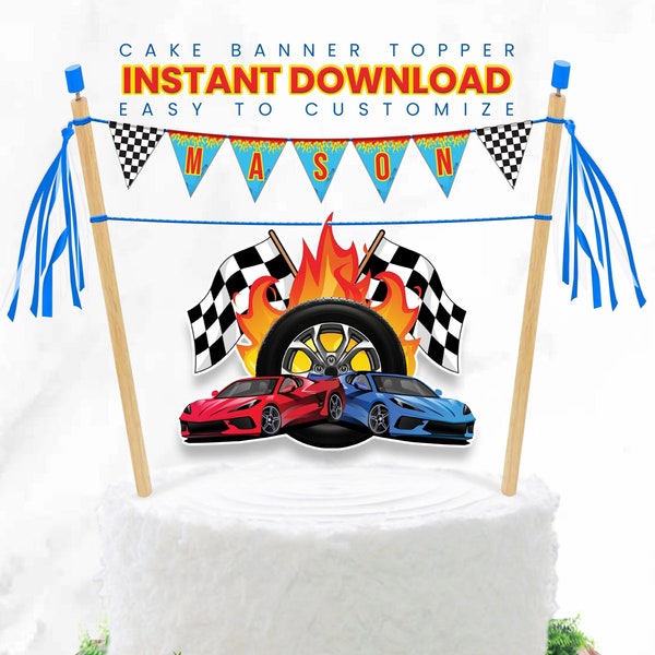 Race Car Cake Topper | Race Car Cake Banner | Race Car Cake Bunting | Race Car Mini Flag | Instant Download RC01