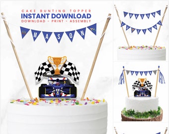 Blue Race Car Cake Topper | Checkered Flag Bunting (Instant Download F01) F01