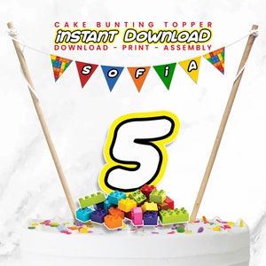Brick Cake Topper | Brick Cake Bunting | Building Block Mini Flag | Brick Cake Banner| Instant Download BL01