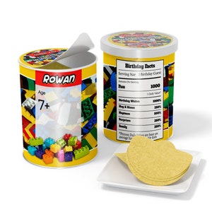 Label klein blikje afdrukbare steenslag | Baksteenverpakking: 1,3 oz minichips | Bouwsteenverjaardagsversieringen | Afdrukbare Corjl-sjabloon BL01