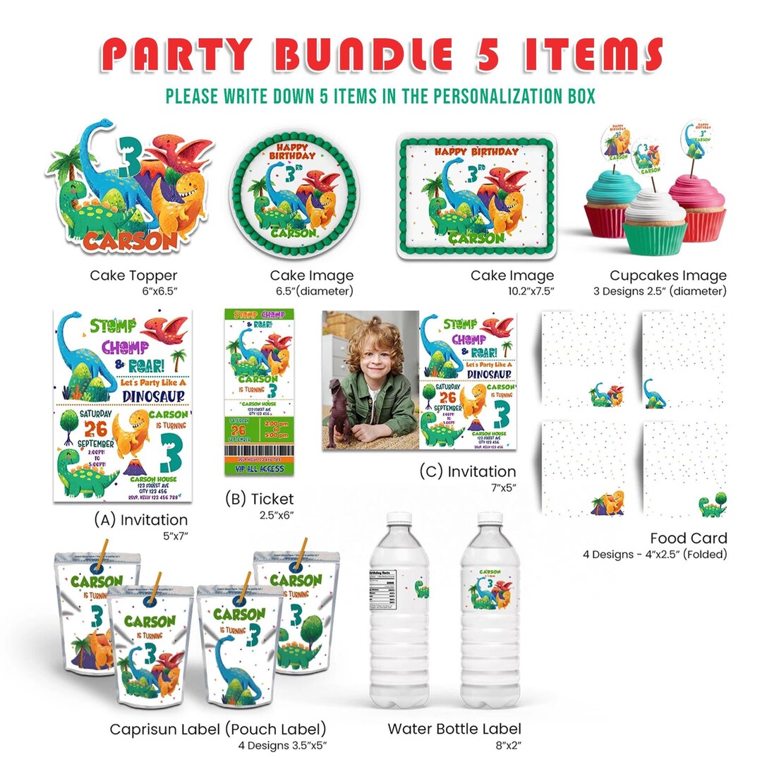 Editable Dinosaur Party Pack 5 Items, Toddler Dinosaur Birthday Bundle ...