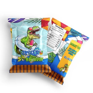 Taschenetikett Dinosaurier Chips | Trex Chips Tüten Verpackung | Dino Pool Geburtstag Party Dekorationen | Bearbeitbare Corjl Vorlage DS01