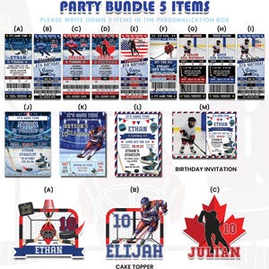 Puede incluir: Un paquete de fiesta con temática de hockey. Incluye invitaciones, tarjetas tipo boleto y adornos para pasteles. Los diseños presentan jugadores de hockey, una red de hockey y el texto "Party Bundle 5 Items".