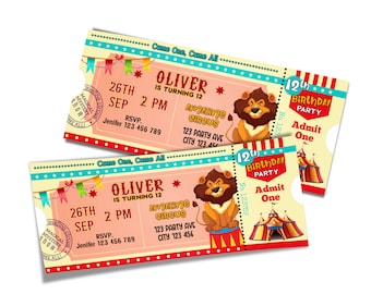 Invitación de cumpleaños con boleto de circo / Tema de carnaval, plantilla Corjl CC01