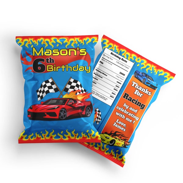 Printable Race Car Chip Bag Label | Race Car Chips Bag Wrapper | Birthday Party Decorations | Editable Printable Corjl Template RC01